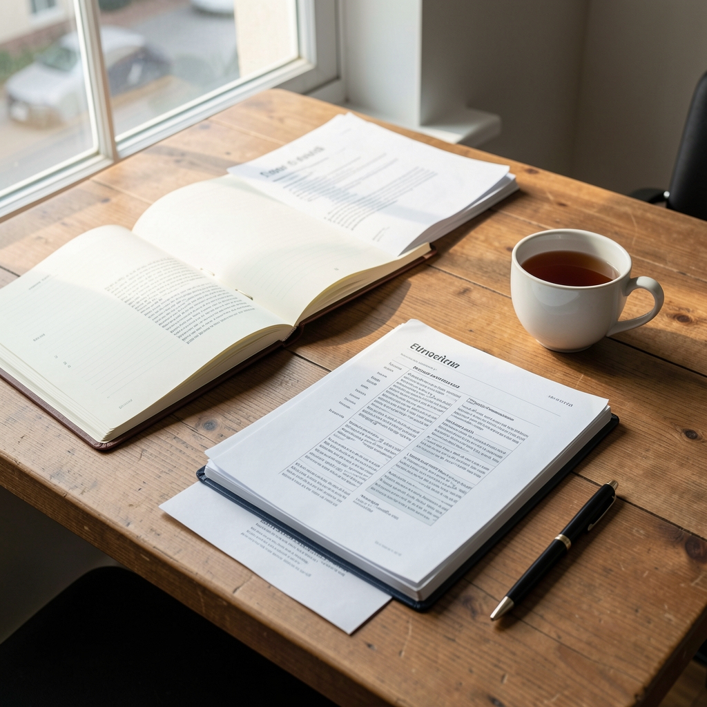 Editorial workspace with open notebooks, printed research papers, a cup of tea, and a pen on a wooden desk in natural daylight, orderly and thoughtful