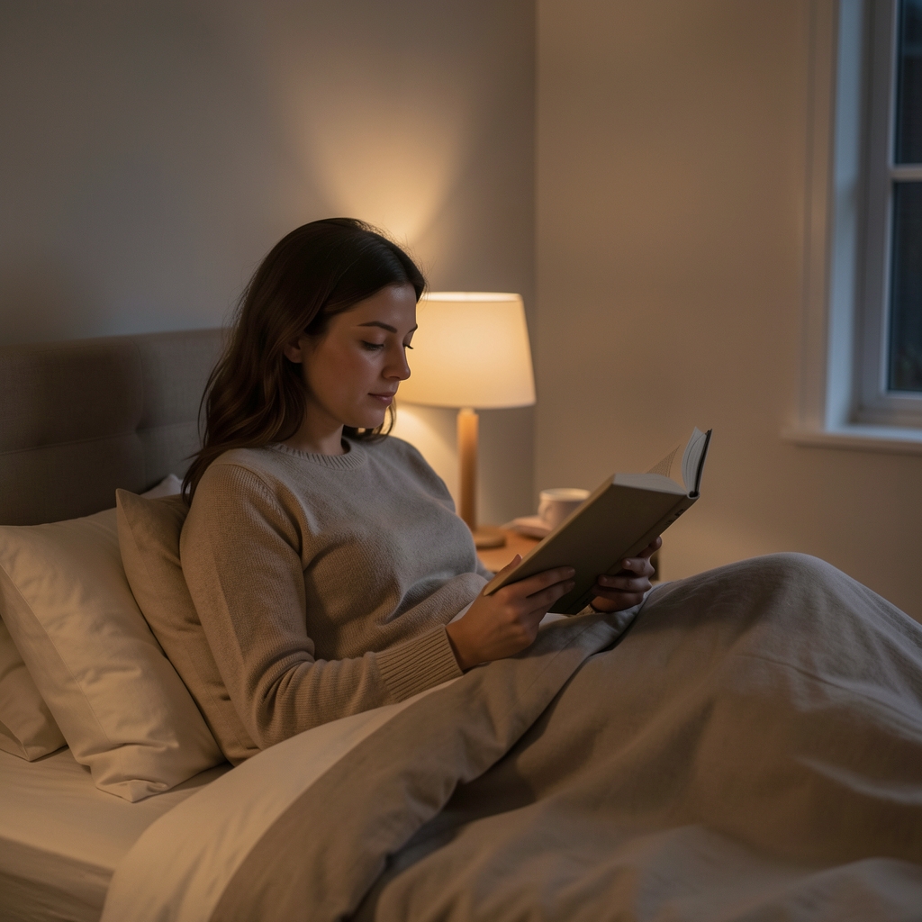 Dimly lit bedroom with a person reading a physical book under a warm bedside lamp at night, cozy neutral tones, quiet evening atmosphere