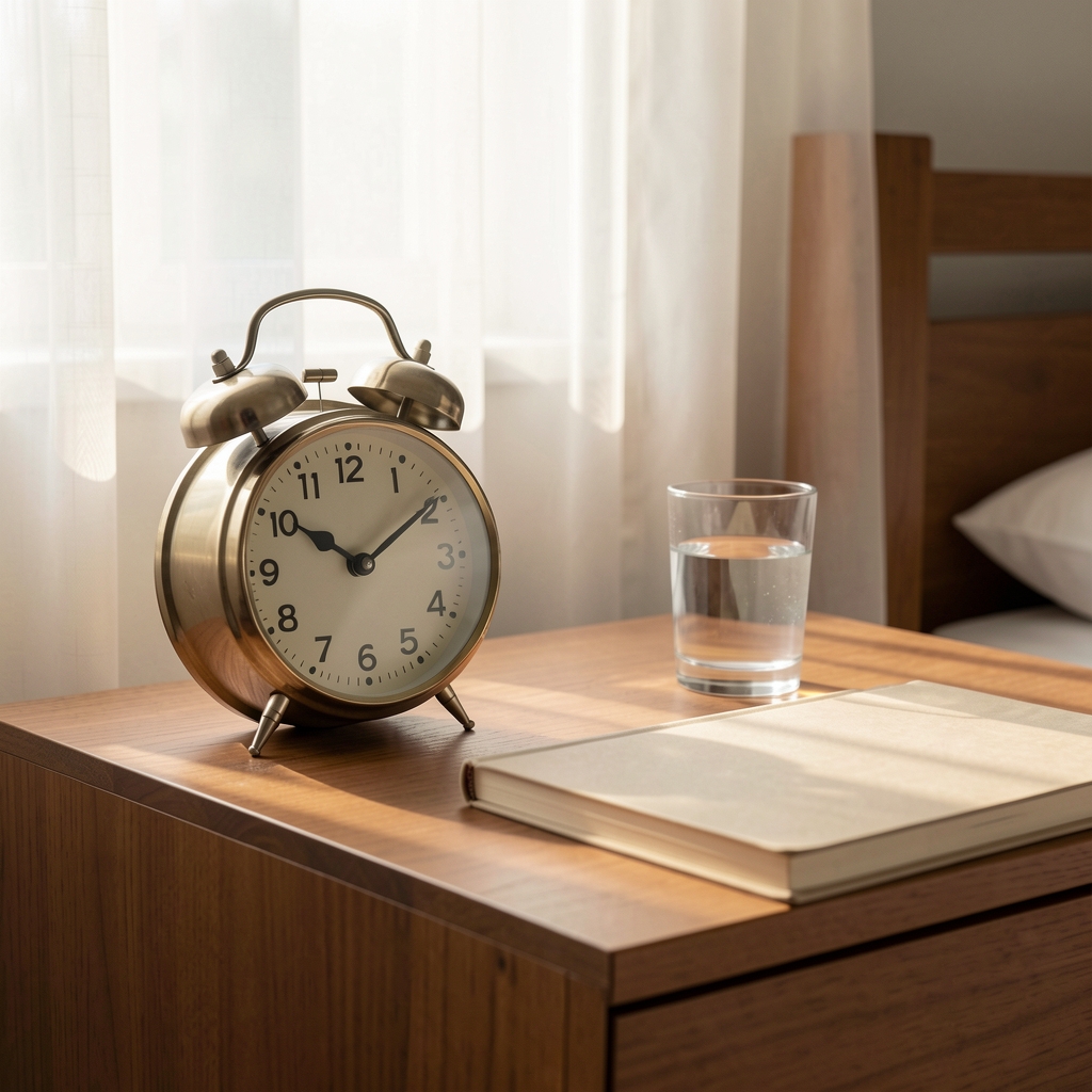 Analog alarm clock on a wooden nightstand beside a glass of water and a closed notebook, soft morning light through curtains, minimal still life