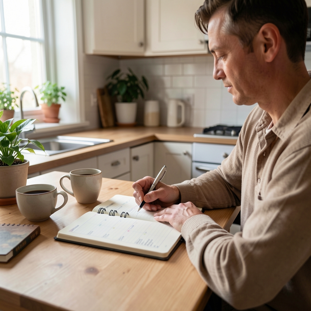 Person journaling at a kitchen table early in the morning with a cup of coffee, natural daylight, open planner visible, calm productive atmosphere