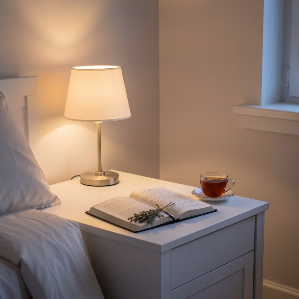 Softly lit bedroom at dusk with warm lamplight on a white bedside table, open journal and herbal tea cup, minimal and calm atmosphere